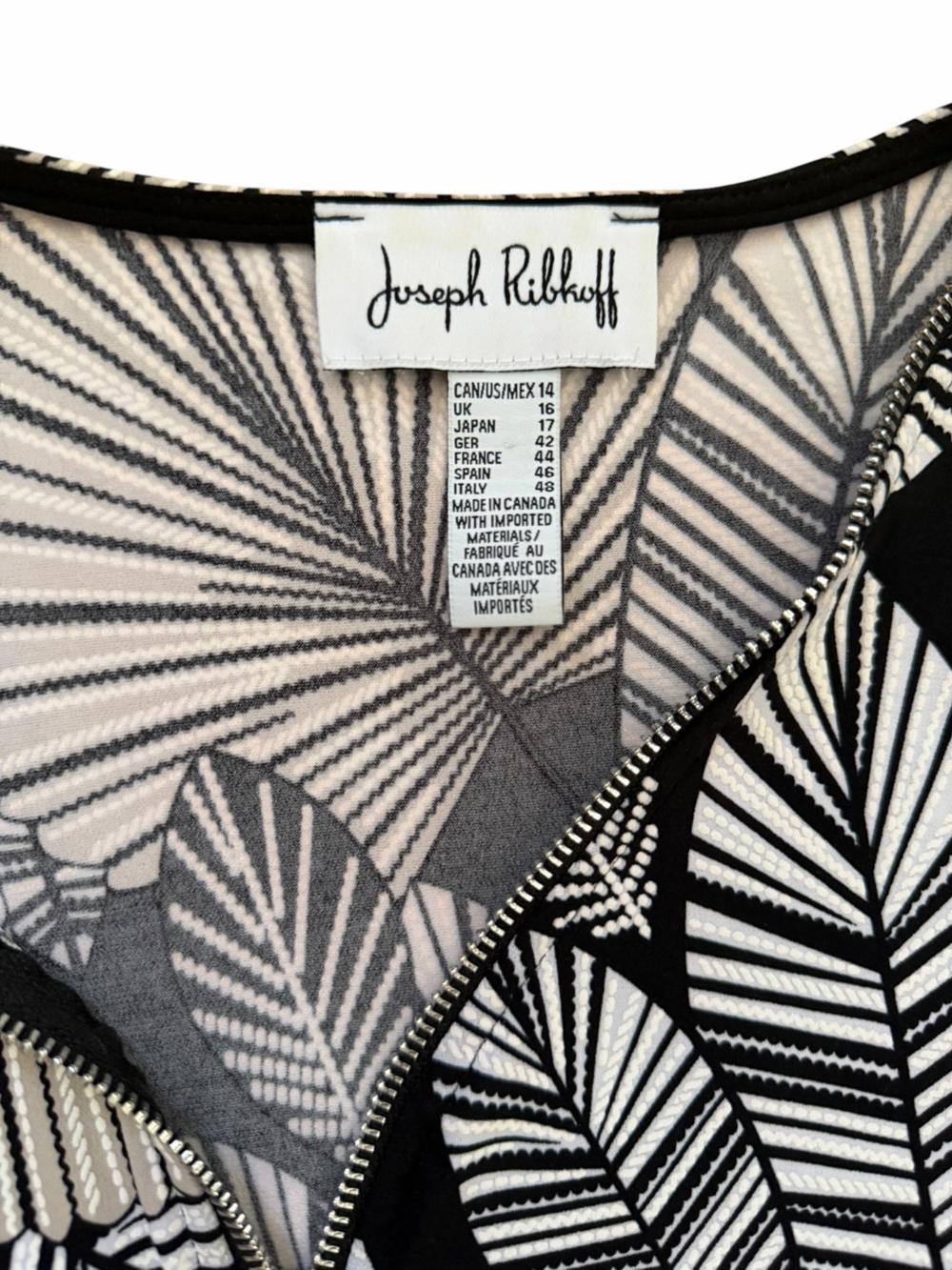 Joseph Ribkoff Black and White Fan-Leaf Zip blouse
